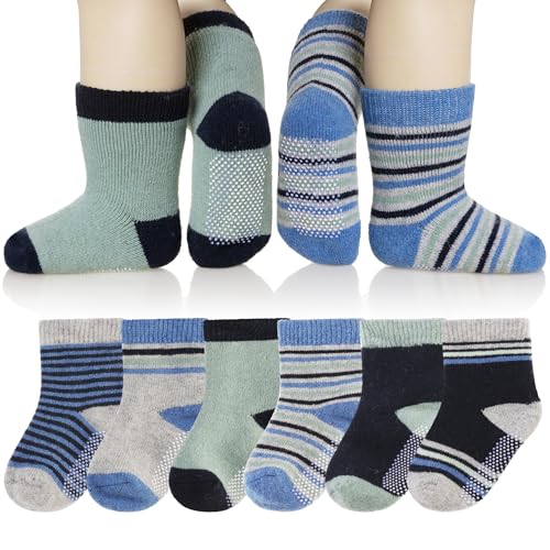Image of Eyean Baby Wool Grip Sock Soft Winter Warm Thick Non Slip Toddler Boy Girls Crew Socks For Children 6 Pairs