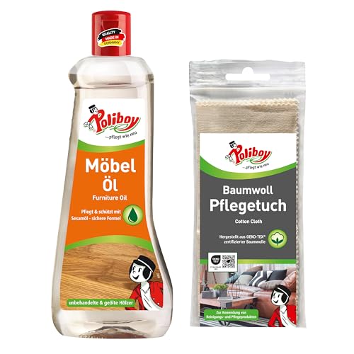 POLIBOY Möbel Öl - Nährendes Holzpflegemittel für Holzmöbel - Farbloses Holzöl - 1x 500 ml - Mit Baumwolltuch - Made in Germany