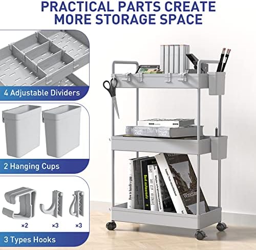 Ronlap Slim Storage Trolley, 3 Tier Rolling Cart Storage Organizer, Utility Rolling Cart with Handle Hanging Cups Dividers for Office Bathroom Kitchen Laundry Room Narrow Places, Grey