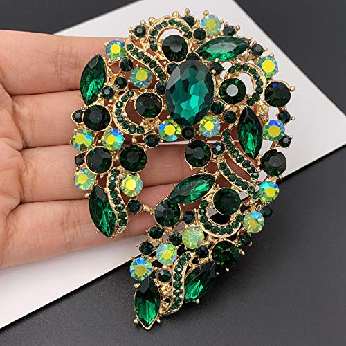 Image of SELOVO Big Large Rhinestone Green Leaf Statement 3.5 inch Brooch Pin Scarf Broach Gold Tone