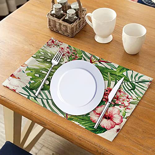 Flowers Placemats Set Of 4 Tropical Leaves Red Floral Table Mats Waterproof Heat Resistant Washable Non-Slip Place Mats For Dinner Room Kitchen Decor Table 12”×16” #TOP5
