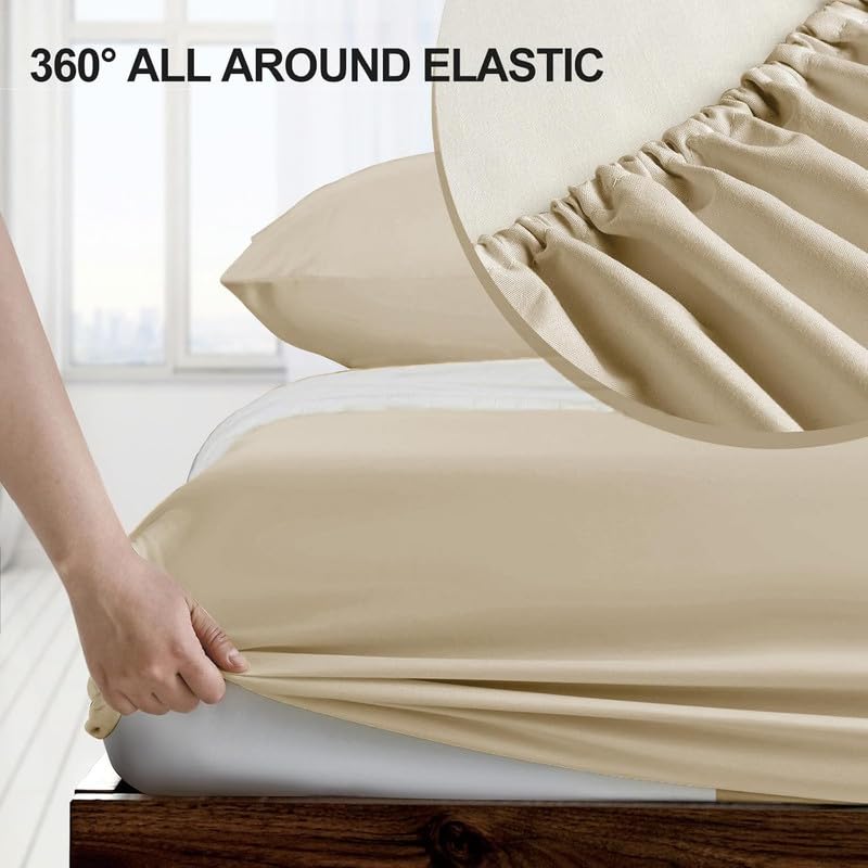 Image of Amazon Brand - Umi Cotton Feel Glace Cotton Fade Resistant Elastic Fitted Double Bed Bedsheet with 2 Pillow Covers Fits Upto 8 inches Mattress, Size- 72x72x10 Inches, Beige