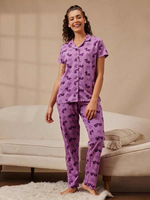 Image of Clovia Women's Cotton Printed Button Down Shirt & Pyjama Night Suit Set