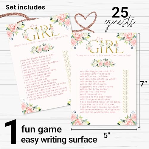 Paper Clever Party Oh Girl Baby Shower Games Hilarious - 25 Guess Who Mommy or Daddy Game Cards - Fun Guessing Activities for Guests - Rustic Floral Theme Pink and Gold