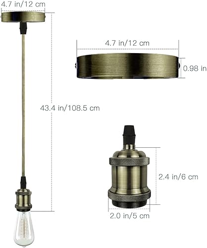 Miniatura 2 de Kit de lámpara colgante industrial vintage con soporte para lámpara E27, cable de tela, rosa de techo y cable colgante en estilo retro moderno
