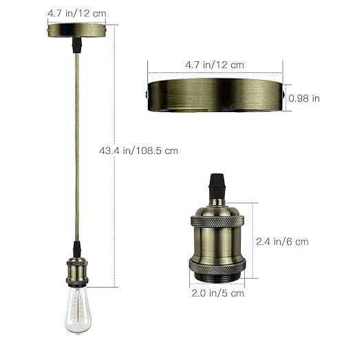 Vista 2 de Kit de lámpara colgante industrial vintage con soporte para lámpara E27, cable de tela, rosa de techo y cable colgante en estilo retro moderno
