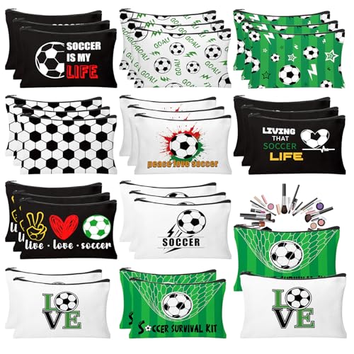 30Pcs Soccer Makeup Bag Soccer Gifts for Women Canvas Cosmetic Bags with Zipper Travel Toiletry Pouch Accessories for Women Football Lover Players Team Gifts