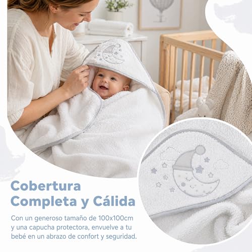 Miniatura 3 de Various Capa De Baño De Bebé Con Capucha Rizo 100 Algodón,Medida 100 Cm X 100 Cm,Toalla De Bebé Con Capucha Niños Pequeños Suave Y Absorbente Con Un Diseño Luna Color Blanco Gris