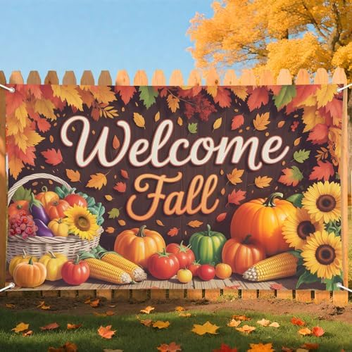 Welcome Fall Backdrop, Fall Thanksgiving Party Banner Pumpkin Sunflower Decorations for Thanks Harvest Party Supplies Autumn Decorations 70