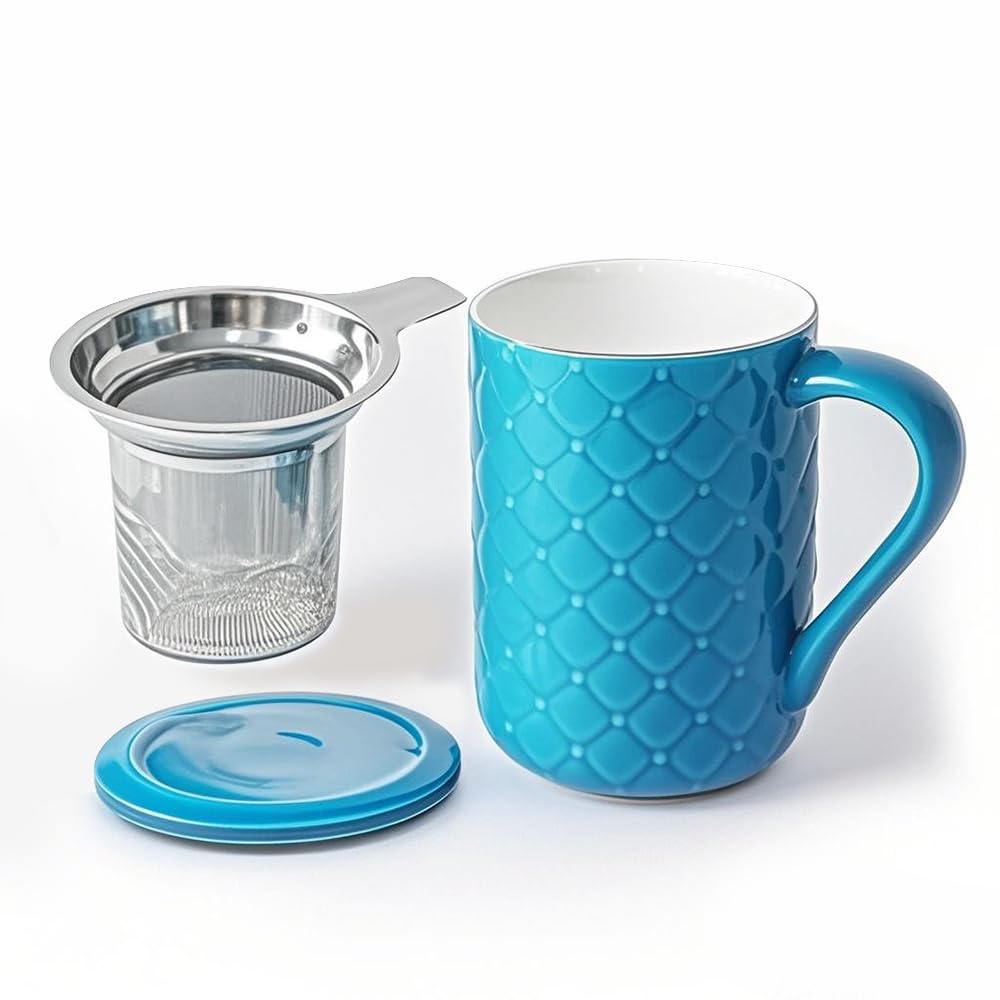 Yachi 19oz Ceramic Tea Mug with Infuser and Lid – Embossed Porcelain Loose Leaf Tea Cup with Steeper (Built-in), Microwave & Dishwasher Safe for Tea, Coffee, Milk, Home & Office (Blue)
