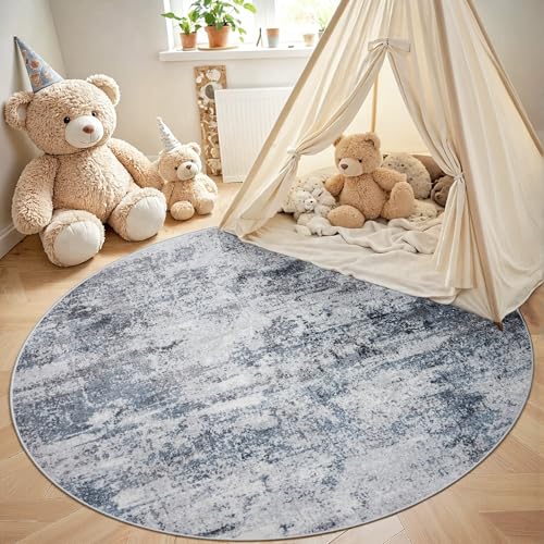 Round Rug 5ft Circle Rug Washable: Carpet Small Circular Area Rug for Entryway Kitchen Bedroom Dining Room Living Room 5 Feet Abstract College Dorm Non Slip Low Pile Blue Grey