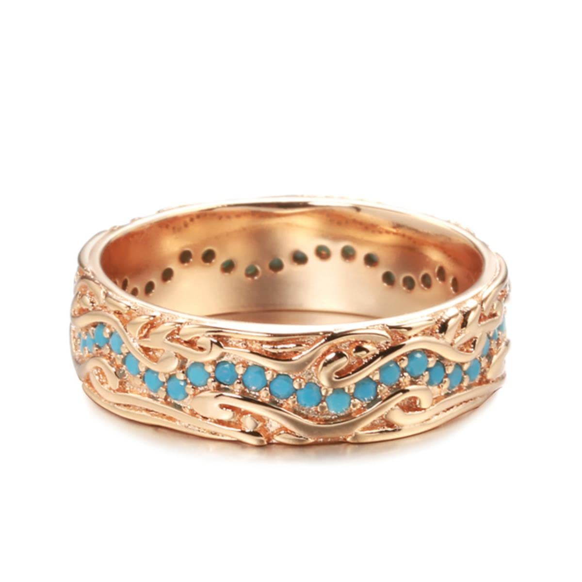 Yahoya Women's Turquoise Trendy 585 Rose Gold Full Circle Ring Exquisite Stackable Finger Ring For Fine Vintage Jewelry