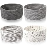 Boao 4 Pcs Woven Baskets Small Rope Storage Bin Mini Cotton Baskets for Organizing Gifts Cute Tiny Empty Round Shelf Closet Storage Decorative Bins for Nursery Baby Shower Birthday(Gray)