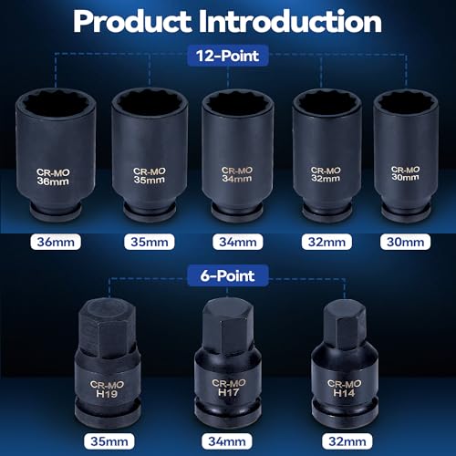 Image of 8PCS Axle Nut Socket Set, 1 /2 inch Drive Deep Impact Socket Set with 3 Hex Bit Sockets, Metric, 14mm 17mm 19mm, 30mm 32mm 34mm 35mm 36mm, Heavy Duty Cr-Mo, for Audi, BMW, and Mercedes etc (8pcs 1 /2 inch)
