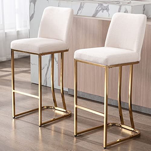 VESCASA Linen Bar Height Barstools with Back, Mid Century Modern Upholstered 30 Inches H Bar Stool Chairs with Gold Metal Frame for Kitchen Island, Bar, Pub, Set of 2, Cream
