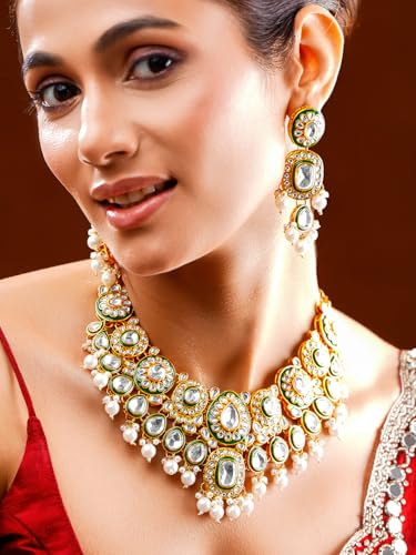 Image of Rubans Necklace Maangtikka Set Gold Plated Kundan & Pearl Jewellery Gift for Women & Girls