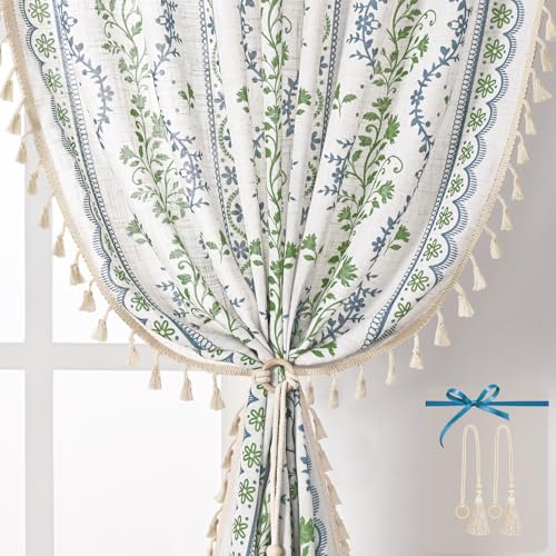 Image of Yinhua Boho Curtains for Living Room 84 Inch Length Vintage Linen Curtains for Bedroom Light Filtering Window Curtain Rod Pocket & Back Tabs Rustic Tassel Drapes with Tiebacks, Blue Green Floral