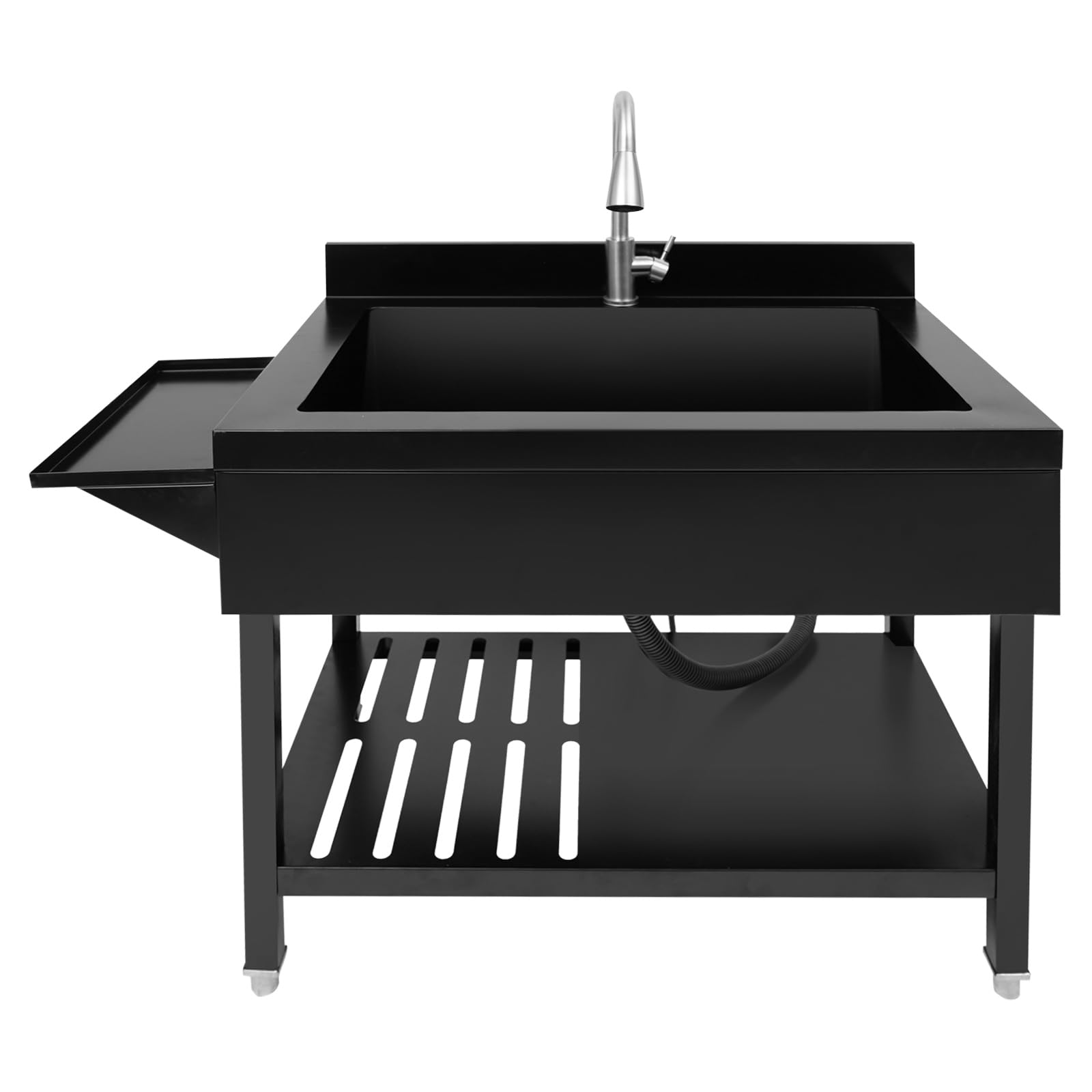 Freistehende Edelstahl Spültisch, Großer Gewerbliche Spülbecken | Küchenspüle mit Wasserhahn & Ablassvorrichtung, bis Tragfähigkeit 150kg, 90 x 57 x 94 cm (Schwarz)