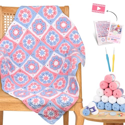 Reessy Crochet Kit, Crochet Blanket Kit with Soft Yarn Detailed Video Tutorials Crocheting Accessories, Flower Granny Square Blanket Crochet Kits for Beginners Adults Learn How to Crochet
