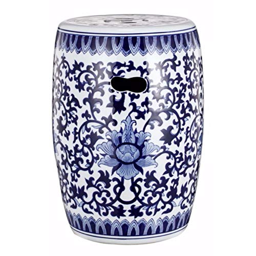 Benjara 11 Inch Garden Stool Ceramic Drum Shape Design Blue and White Floral Pattern Decorative Accent Stool for Patio Garden Balcony Living Room and Elegant Home Decor Display