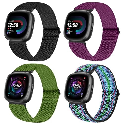 Vodtian 4 Pack Elastic Watch Bands Compatible for Fitbit Versa 4/Versa 3 / Sense 2/Sense Adjustable Nylon Stretchy Replacement Sport Loop Straps for Women Men