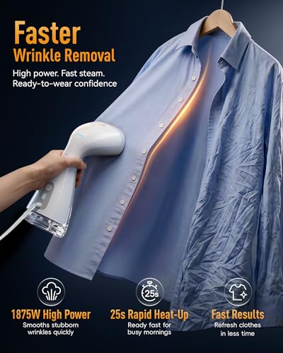 Image of HiLIFE 3600Pa Vacuum Handheld Steamer for Clothes with Touch-Control Steam | 1875W High Power, 300ml Large Water Tank, 9.18ft Extra-Long Cord, 25s Fast Heat-Up, 110-120V Only, Leak-Free System