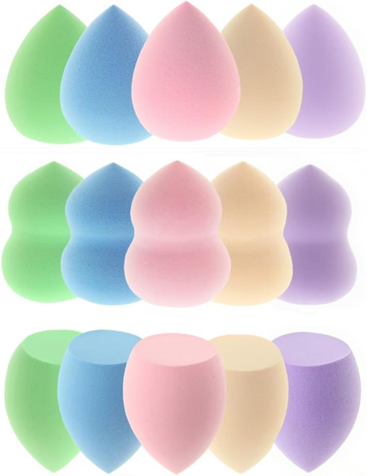 15 Pcs Makeup Sponges Set - 3 Shapes Multi-Colored Soft Cosmetic Sponges for Liquid, Cream & Powder Foundation, Concealer (Pink/Nude/Purple/Green/Blue)