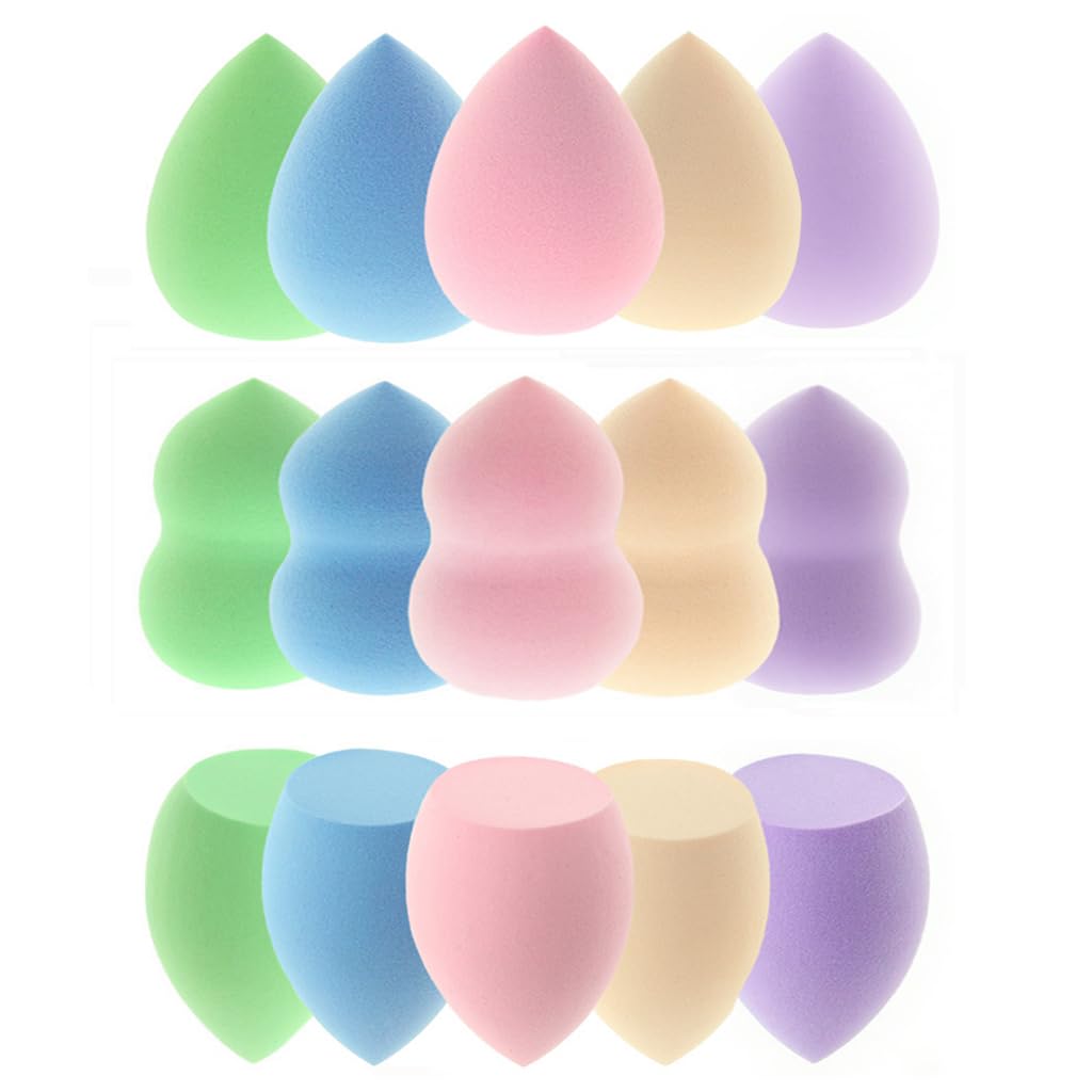 Abgream 15 Pcs Makeup Sponges Set - 3 Shapes Multi-Colored Soft Cosmetic Sponges for Liquid, Cream & Powder Foundation, Concealer (Pink/Nude/Purple/Green/Blue)
