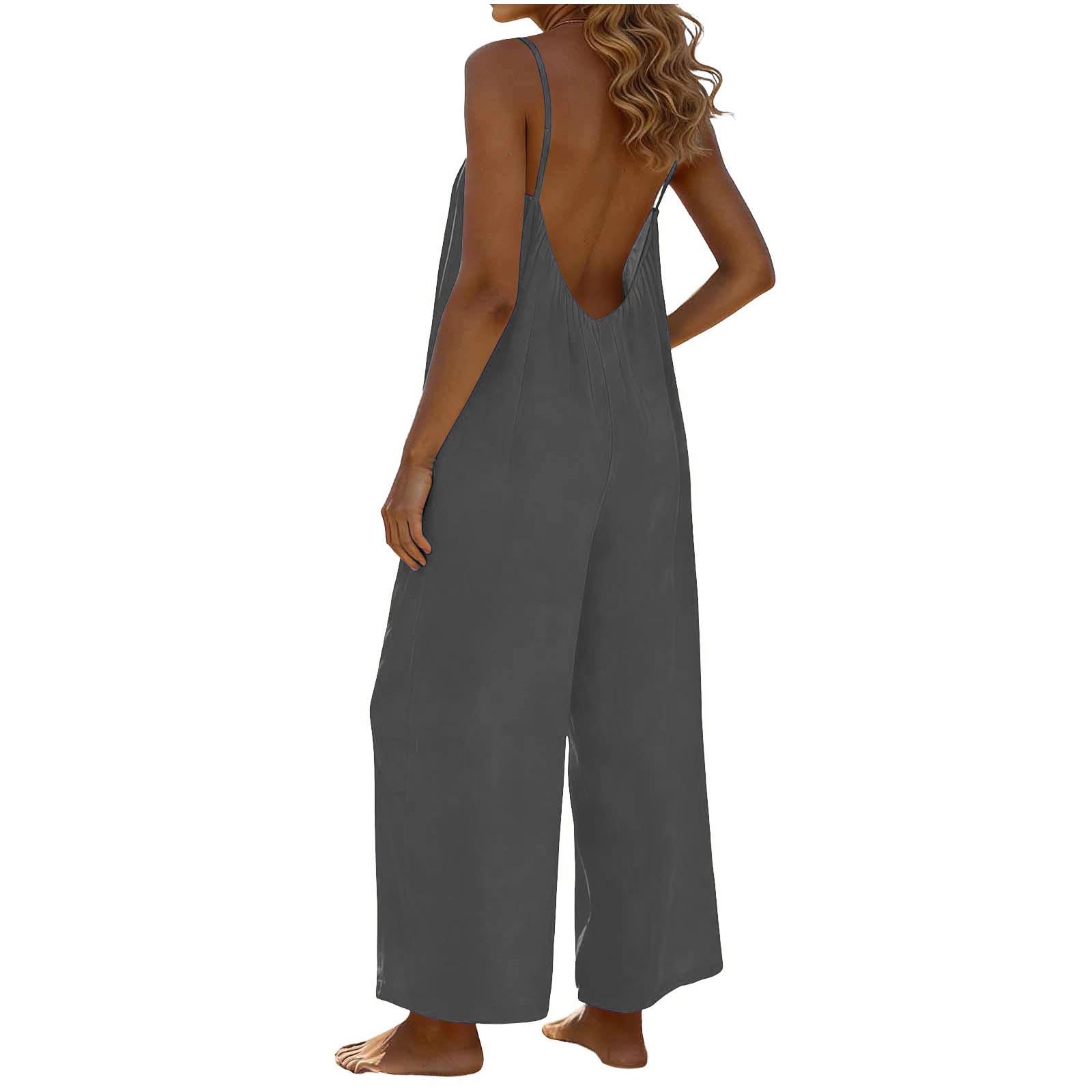 RLEHJN Jumpsuit Damen Sommer,Ärmellos Overall Lang Casual Hosenanzug Sexy V-Ausschnitt Spaghettiträger Romper Loose Fit Playsuit Elegant Einteiler Weites Bein Latzhose Freizeithose mit Taschen