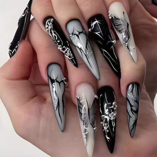 24PCS Long Press on Nails Almond Shaped Goth Black White Full Cover Artificial Nails Glossy Stiletto With Gothic Butterfly Designs Fake Nail Kit Reusable Acrylic Fake Fingernails