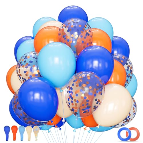 Image of 68Pcs Blue and Orange Balloons 12 Inch Nude Color Deep Light Blue Balloon for Birthday Party Decorations Confetti Blue and Orange Graduation Decorations.