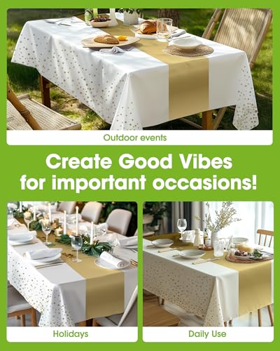Image of Pureegg Plastic Table Cloth Disposable 8 Pack, 54 x 108 Inch, Table Runner Style, Graduation Decorations 2026, Party Tablecloths, Rectangle, Plastic Cover, Leakproof & Sturdy, White Gold
