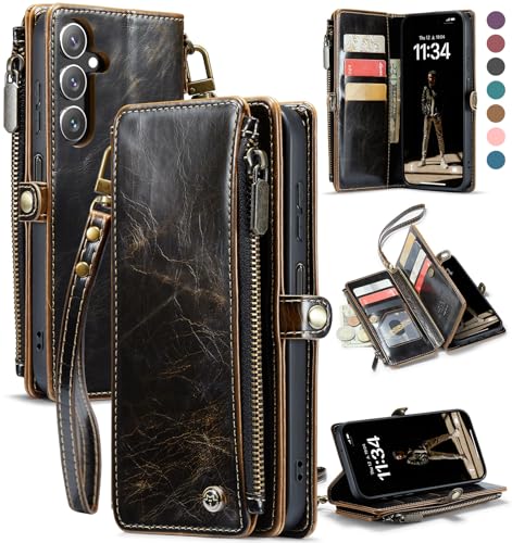 Defencase Compatible with Galaxy A16 5G Case Wallet with RFID Blocking Card Holder for Women and Men, PU Leather Magnetic Snap Flip Zipper Strap Wallet Phone Case for Samsung Galaxy A16/ 5G, Coffee
