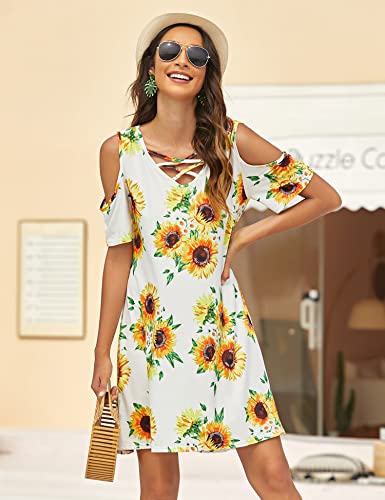 Image of Bluetime Women Cold Shoulder Summer Dress Short Sleeve Beach Casual Loose Swing Dress