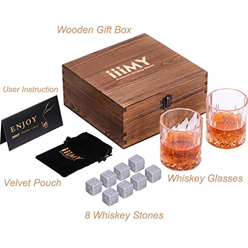 Whisky Stones and Glasses Gift Set, Whisky Rocks Chilling Stones in Handmade Wooden Box– Cool Drinks Without Dilution – Whisky Glasses Set of 2, Gift for Dad, Husband, Men