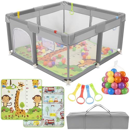 Altaudia Parque Infantil Bebe 120x120cm + Alfombra Bebe + 50 Bolas + Bolsas de Transporte – Corralito Bebe con Malla Transpirable – Parque de Juegos Divertido para Bebe - Gris (120 * 120)