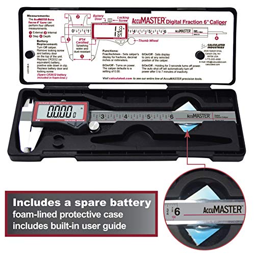 Calculated Industries 7410 Accumaster 6-Inch Digital Caliper, Fractional (1/64Ths) + Inch + Metric With Largest Display Digits For Woodworkers | Stainless Steel | Ip54 Splash/Dust Resistant | Auto-Off #TOP6