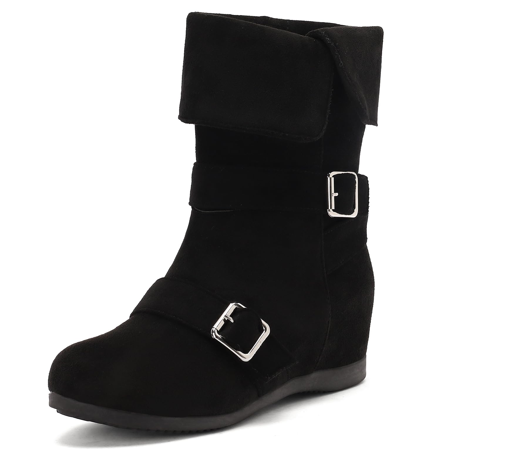 Womens Mid Calf Boots Block Heel Round Toe Buckle Pull on Suitable Foldable Ankle Boots