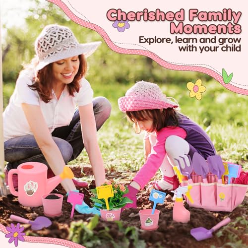 cute stone Kinder Gartengeräte Set, Gartenwerkzeug Kinder Mit Schaufel, Harke, Gießkanne, Gartentasche, Handschuhe, Schürze, DIY-Aufkleber, Out/Indoor Spielzeug Geschenk für Jungen Mädchen(Rose)