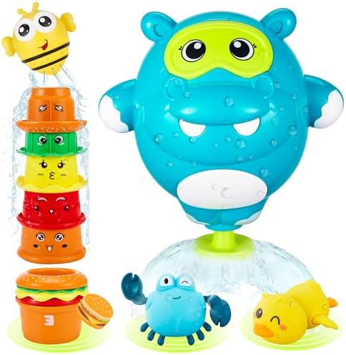 EKU Hippo Bath Toys for Kids Ages 18months+ Toddler with Burger Stacking Cups Swimming Duck Crab Bath Time Water Play Toys Bathtub Toys