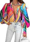 EVALESS Women's Fashion 2023 Long Sleeve V-Neck Multicolor Boho Button-Down Shirt, Small