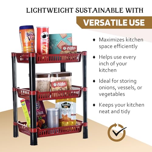 Image of Urbane Home Pack of 5 Multipurpose Kitchen Organizer /Storage Rack | 3-Layer Onion Stand for Kitchen | Vessels & Vegetable Organiser | Maroon