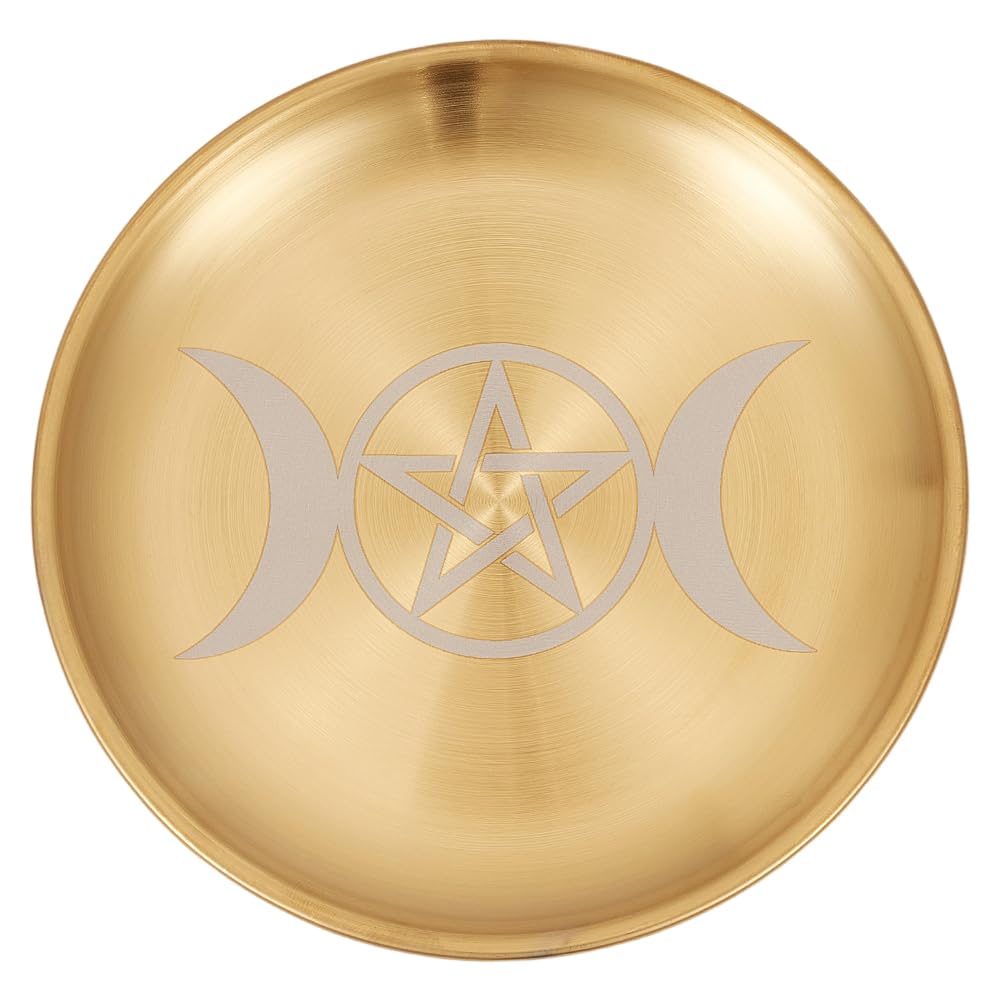 CREATCABIN Moon Offering Bowl Altar Ritual Plate Stainless Steel Golden Crystal Storage Flat Bowl Round Tray Prayer Dish Candle Holder Jewelry Dish for Smudging Incense Burner 5.5Inch