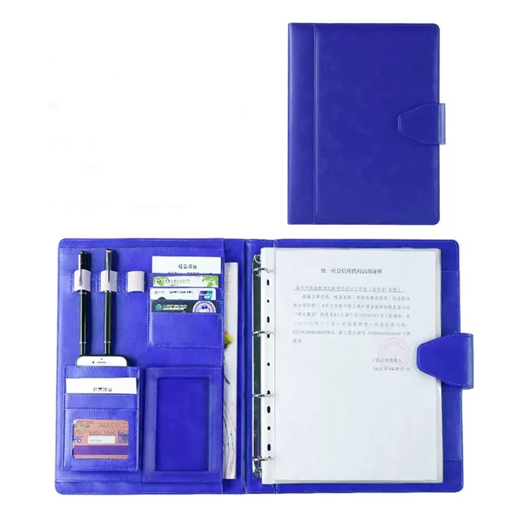 riunioni di lavoro in pelle, cartelle pieghevoli, Raccoglitore a 4 anelli Raccoglitore for curriculum in pelle Organizzatore aziendale professionale for lettera A4/Blocco note regalo for uomo(Blue,No