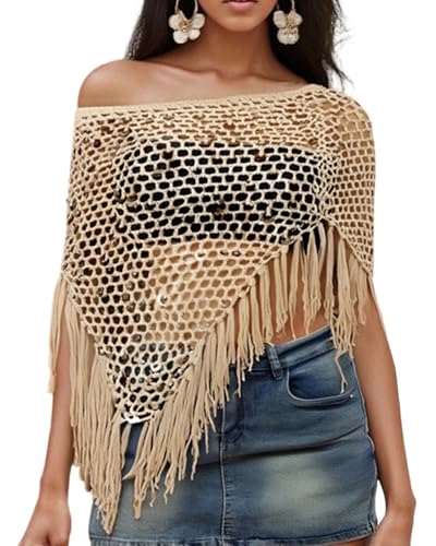 Poncho de punto con hombros descubiertos y lentejuelas brillantes para mujer
