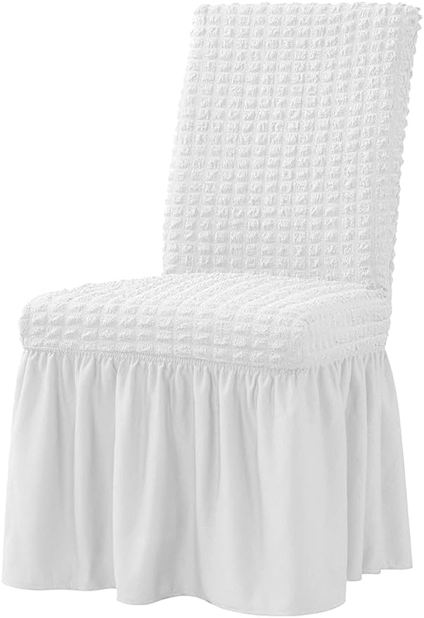 Set of 2 Dining Room Chair Slipcovers 1-Piece Parsons Chair Covers with Skirt Stretch Non Slip Washable Decorative Chair Seat Protector for Party Hotel Restaurant Ceremony Banquet (White, 2PCS)