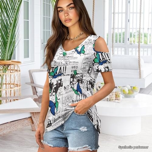 Allinterest Cold Shoulder Summer Tops Butterfly Newspaper Print Blouses for Women Sexy V Neck Basic Tees Casual Short Sleeve T Shirts — view 3