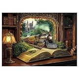 BBOLDIN Train Forest Book Puzzle 1000 Pieces for Adults, Magic Vintage Plant Jigsaw Puzzles Castle, Fantasy Bookshelf Nature Tree Puzzles