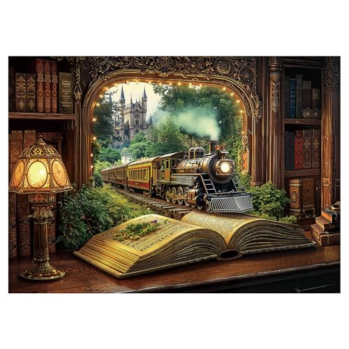 Train Forest Book Puzzle 1000 Pieces for Adults, Magic Vintage Plant Jigsaw Puzzles Castle, Fantasy Bookshelf Nature Tree Puzzles