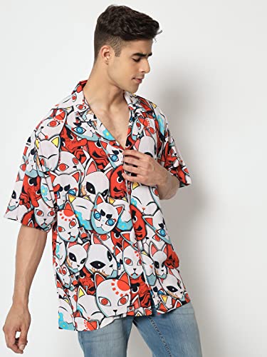 Image of ComicSense.xyz Unisex Anime Shirts for Men & Women, Kitsune Mask Printed Kimono Fit Hawaiian Shirts